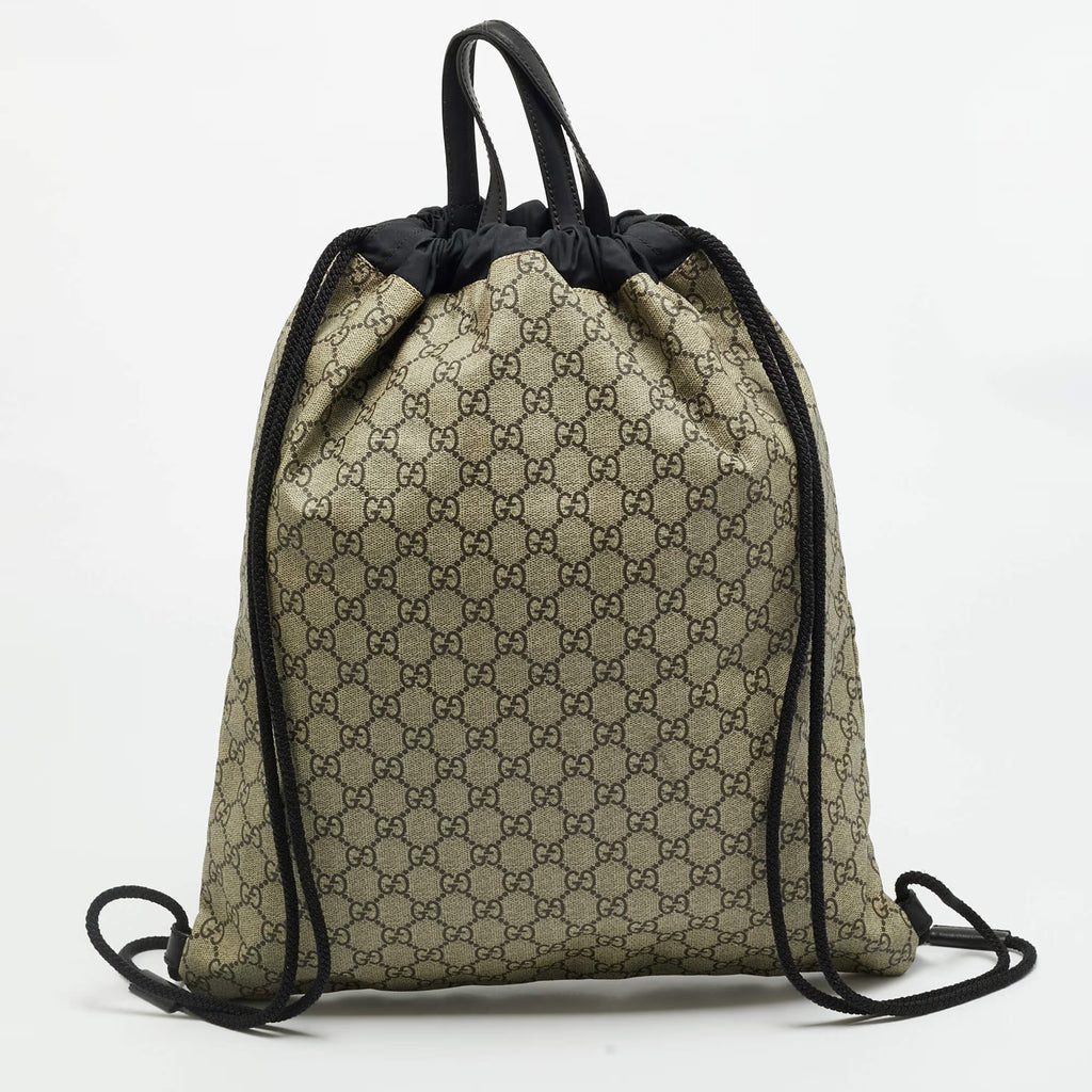 Gucci Angry Cat Beige/Black GG Supreme Canvas and Fabric Drawstring Backpacks