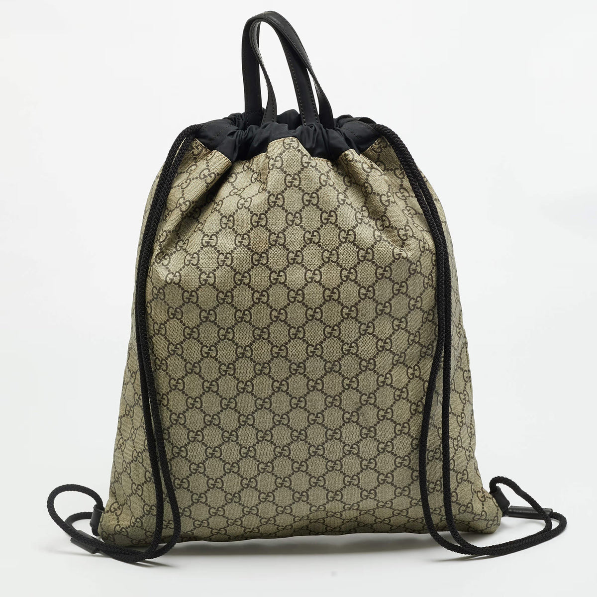 Gucci Angry Cat Beige/Black GG Supreme Canvas and Fabric Drawstring Backpacks