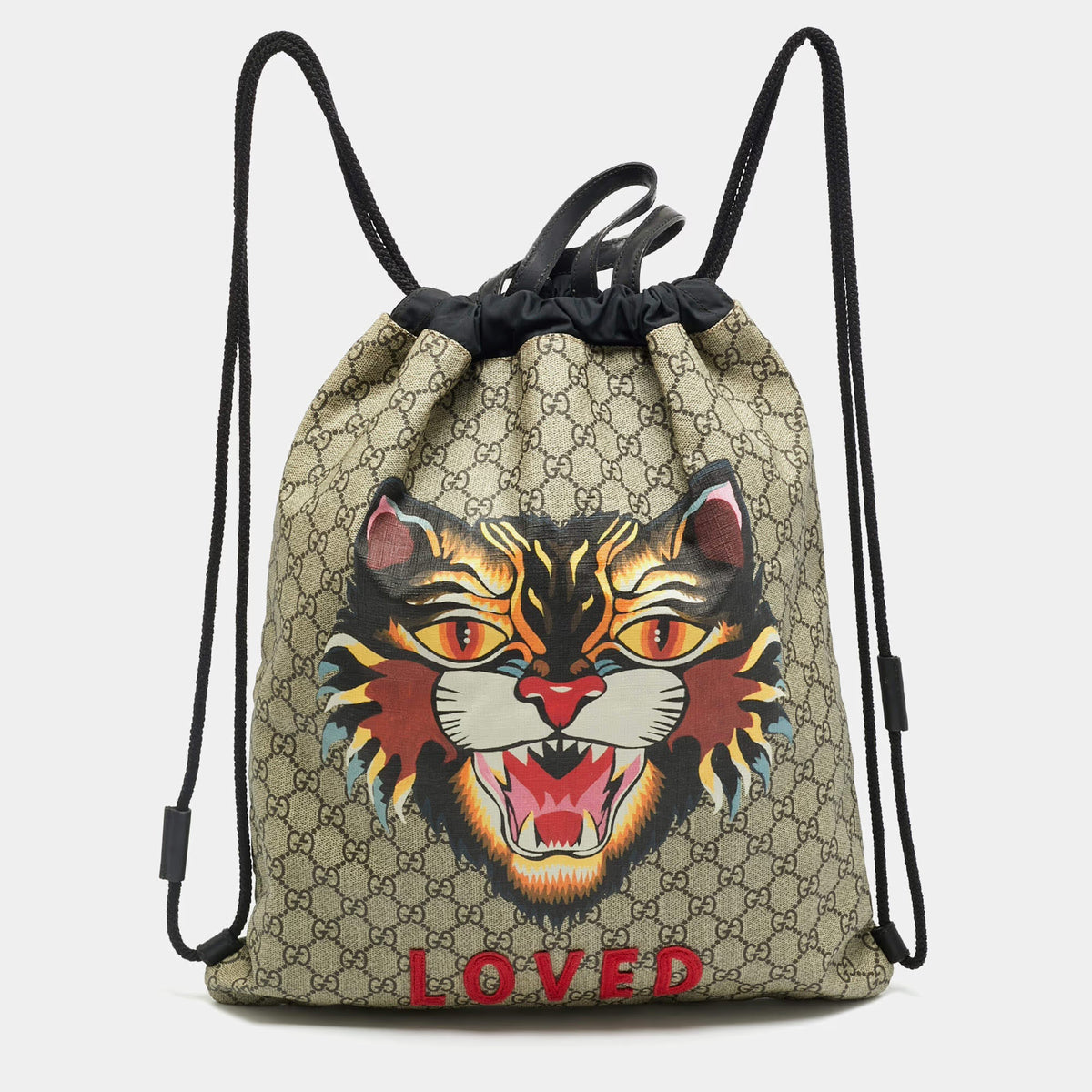 Gucci Angry Cat Beige/Black GG Supreme Canvas and Fabric Drawstring Backpacks