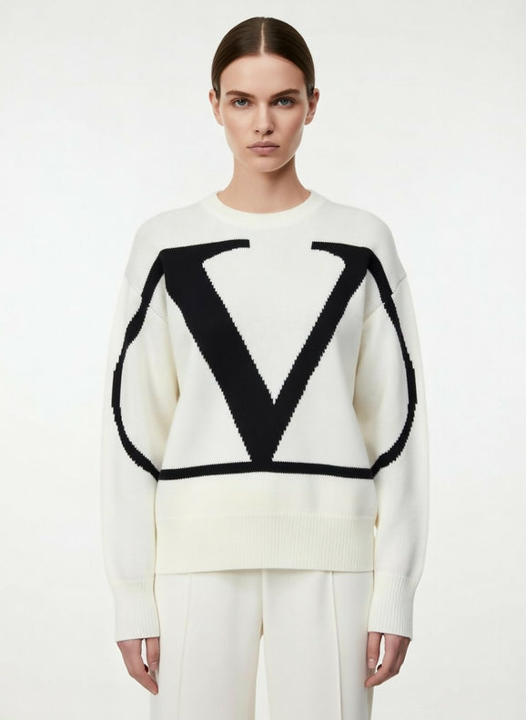 VALENTINO Pre Owned VLogo Intarsia Crewneck Sweater - Off-White/Black Size XL
