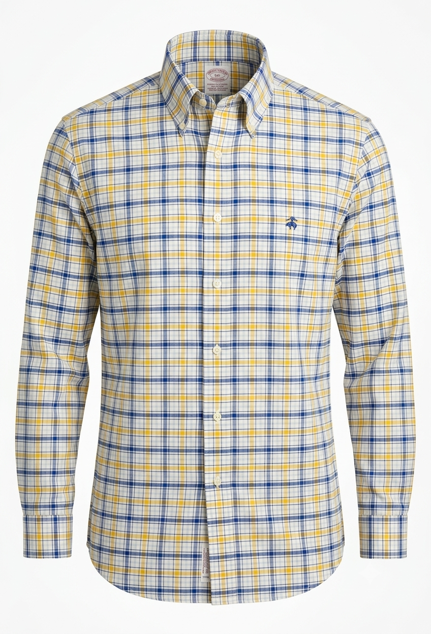 Brooks Brothers Non-Iron Supima Cotton Plaid Button-Down Shirt - Yellow / Blue Pre-Owned