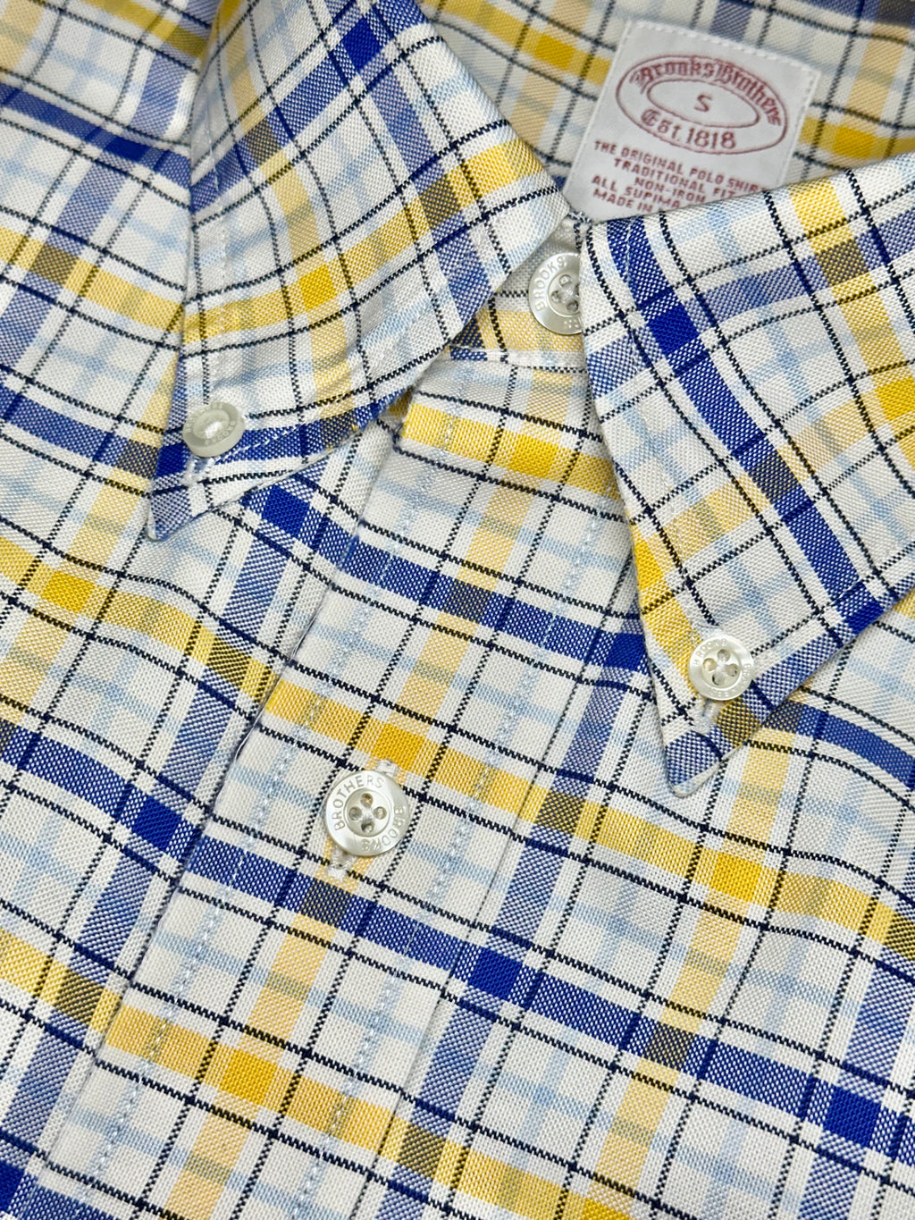 Brooks Brothers Non-Iron Supima Cotton Plaid Button-Down Shirt - Yellow / Blue Pre-Owned