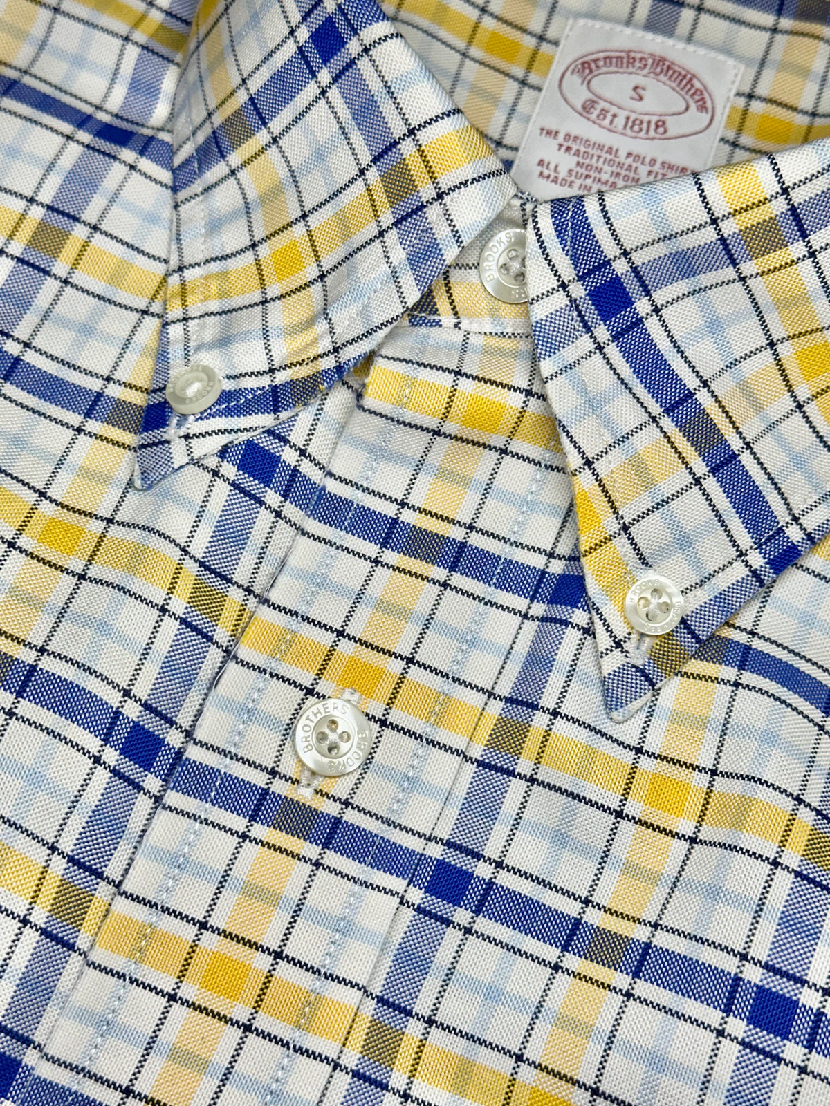 Brooks Brothers Non-Iron Supima Cotton Plaid Button-Down Shirt - Yellow / Blue Pre-Owned