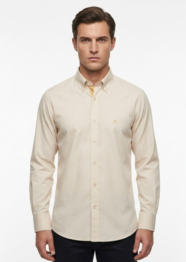 Givenchy 4G Embroidered Striped Cotton Button-Down Dress Shirt - Pale Yellow / Cream Pre-Owned