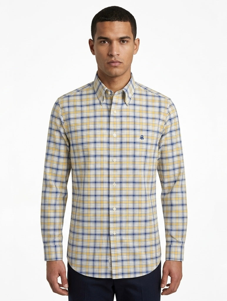 Brooks Brothers Non-Iron Supima Cotton Plaid Button-Down Shirt - Yellow / Blue Pre-Owned