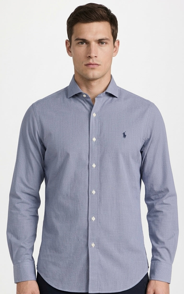 Polo Ralph Lauren Gingham Micro-Check Cotton Dress Shirt - Blue / White Pre-Owned